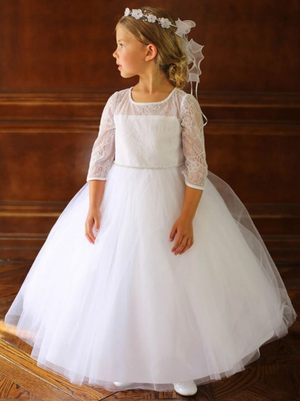 GORGEOUS TIP TOP White Lace Sleeve Flower Girl Dress GOWN SIZE 8-10